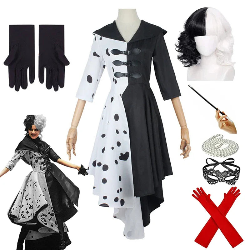 Cruella De Vil Cosplay Costume – Black & White Dress with Wig - S / Full set - All Dresses - Dance Dresses Skirts &