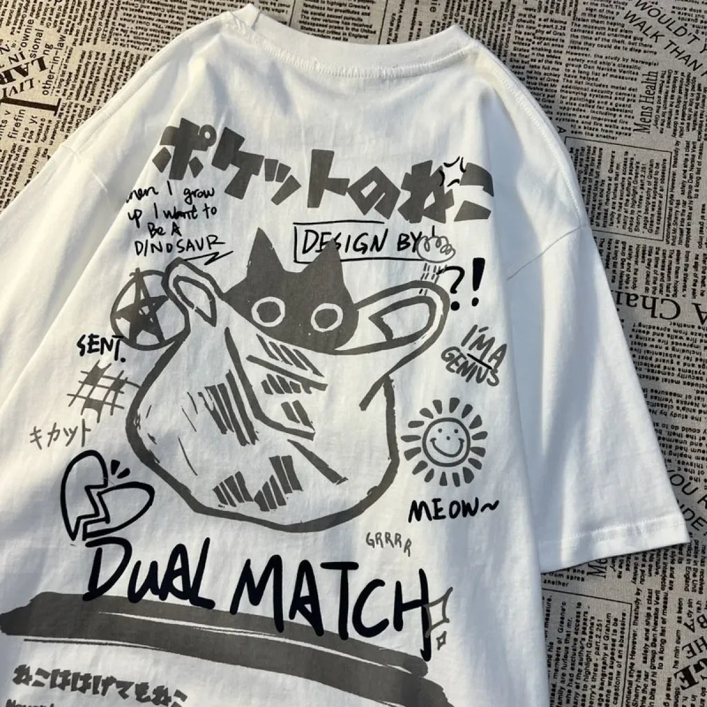 Cute Anime Cat T-Shirt – Vintage Aesthetic Harajuku Kawaii Top - T-Shirts - Long - Round - T-Shirts - 1