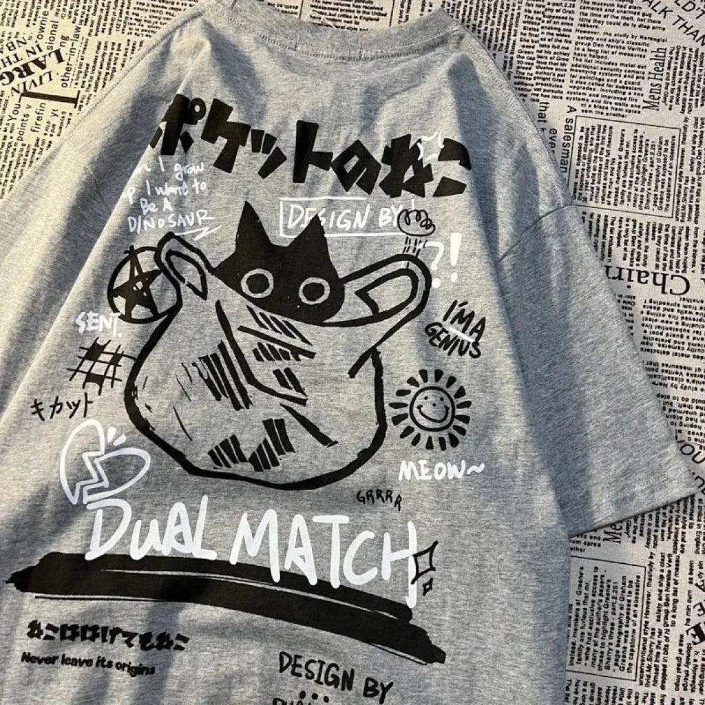 Cute Anime Cat T-Shirt – Vintage Aesthetic Harajuku Kawaii Top - T-Shirts - Long - Round - T-Shirts - 3
