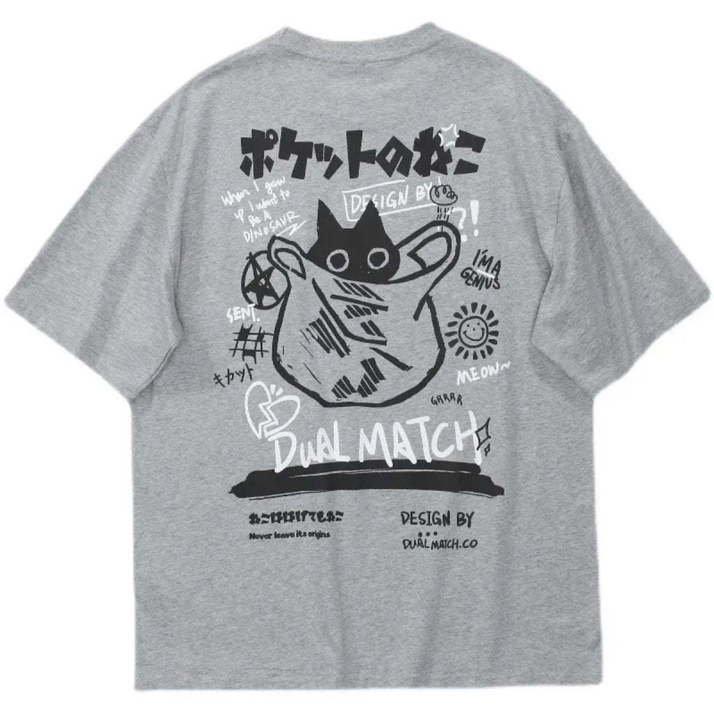 Cute Anime Cat T-Shirt – Vintage Aesthetic Harajuku Kawaii Top - T-Shirts - Long - Round - T-Shirts - 5