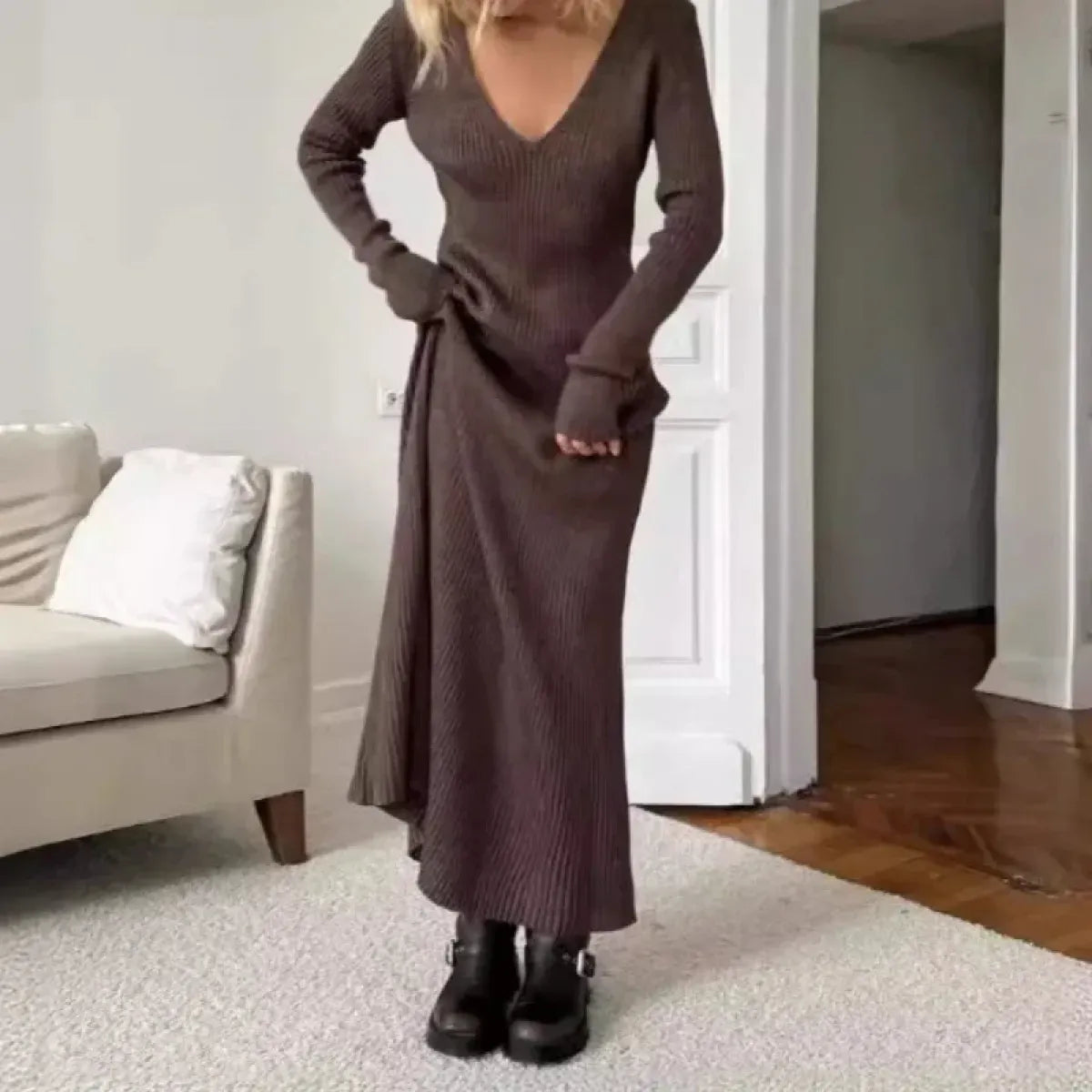 Vintage Coquette V Neck Knit Maxi Dress for Cozy Looks – Kawaii Stop
