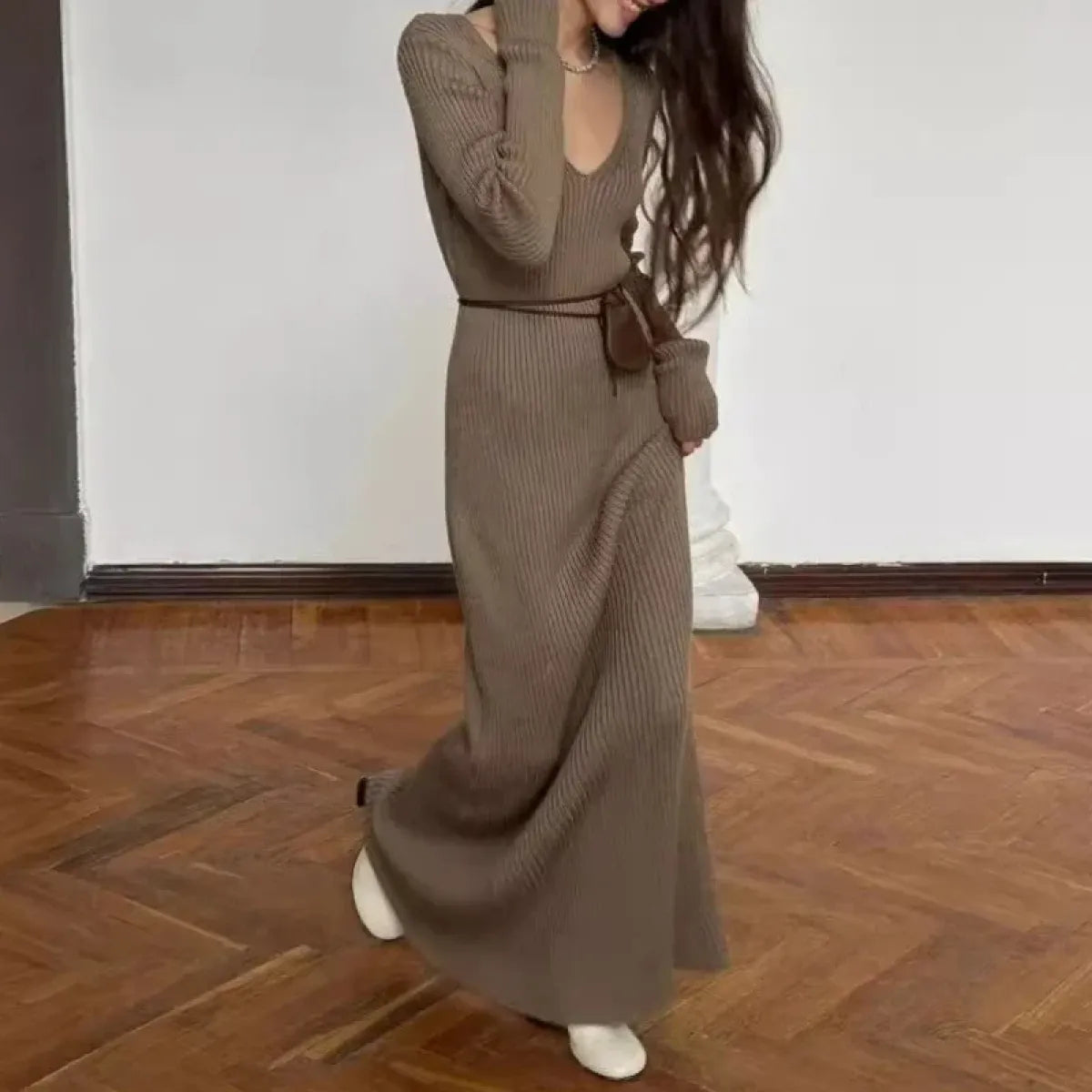 Vintage Coquette V Neck Knit Maxi Dress for Cozy Looks – Kawaii Stop