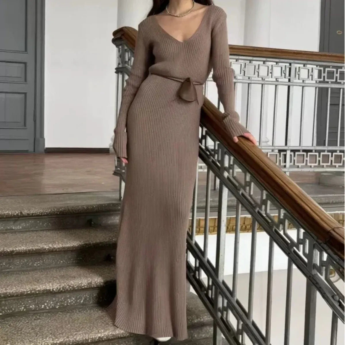 Vintage Coquette V Neck Knit Maxi Dress for Cozy Looks – Kawaii Stop