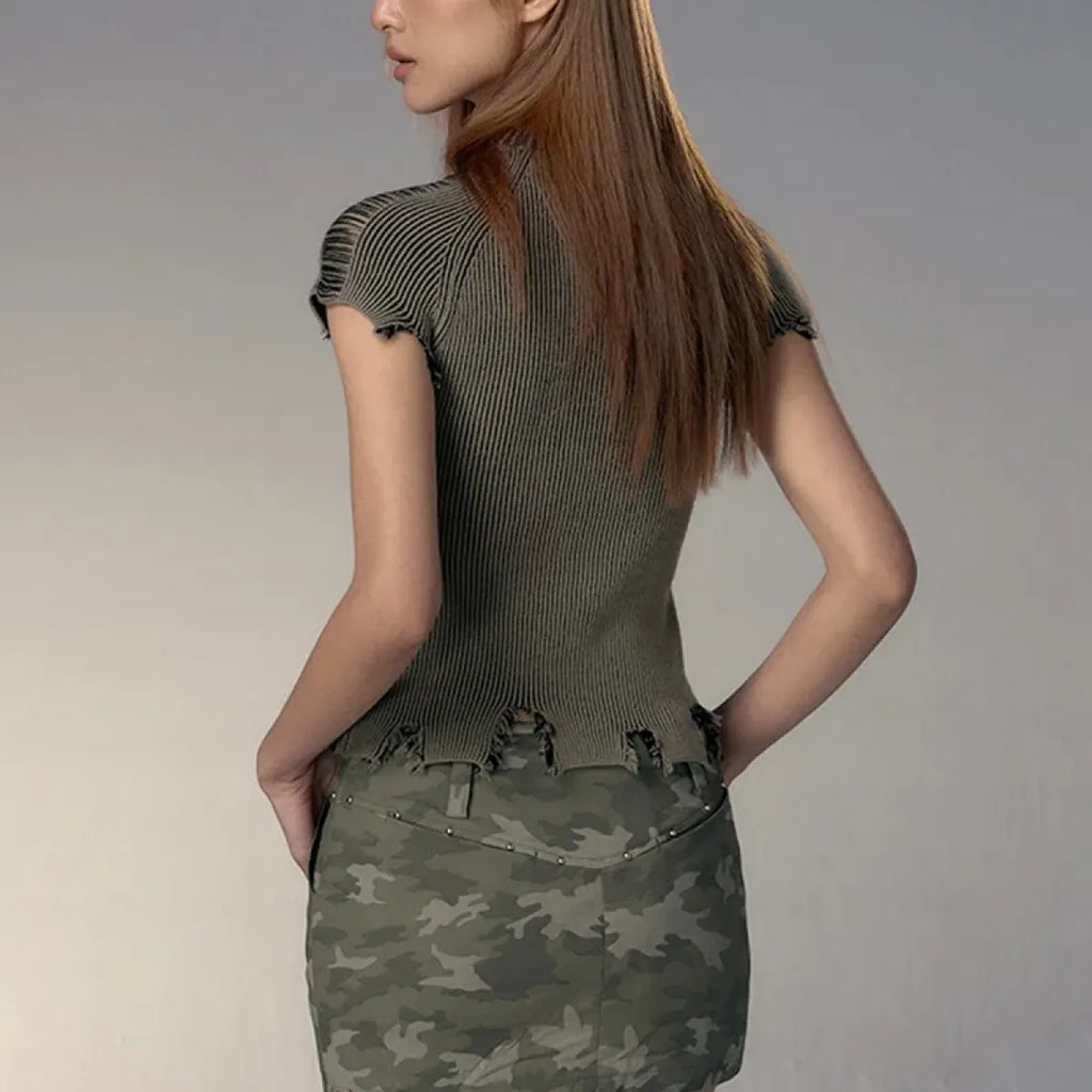 Vintage Distressed Knitted Top - Grunge Aesthetics Crop Tee - T-Shirts - 5