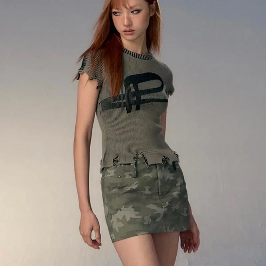 Vintage Distressed Knitted Top - Grunge Aesthetics Crop Tee - T-Shirts - 1