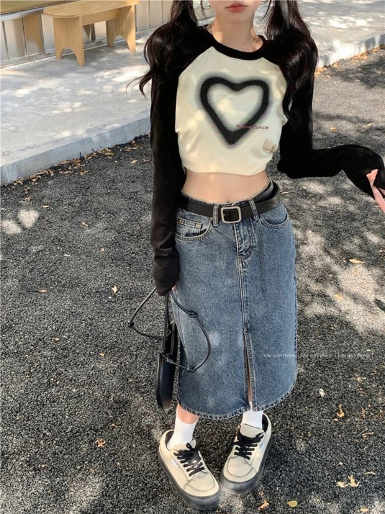 Vintage Heart Print Crop Top - Y2K Harajuku Slim Long Sleeve Tee - T-Shirts - Shirts & Tops - 6 - 2024