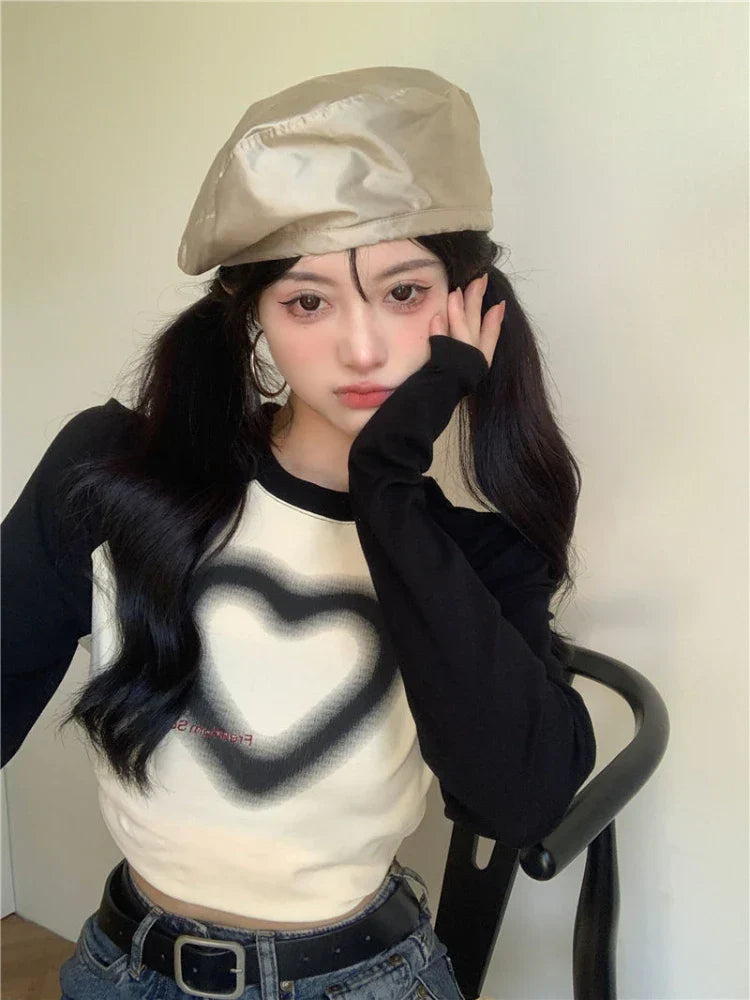 Vintage Heart Print Crop Top - Y2K Harajuku Slim Long Sleeve Tee - T-Shirts - Shirts & Tops - 3 - 2024