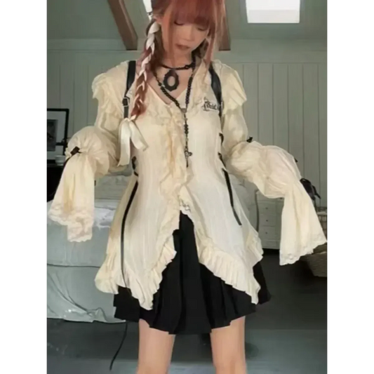 Vintage Lace Blouse - Aesthetic Harajuku Fairycore Top - Blouses & Shirts - 2