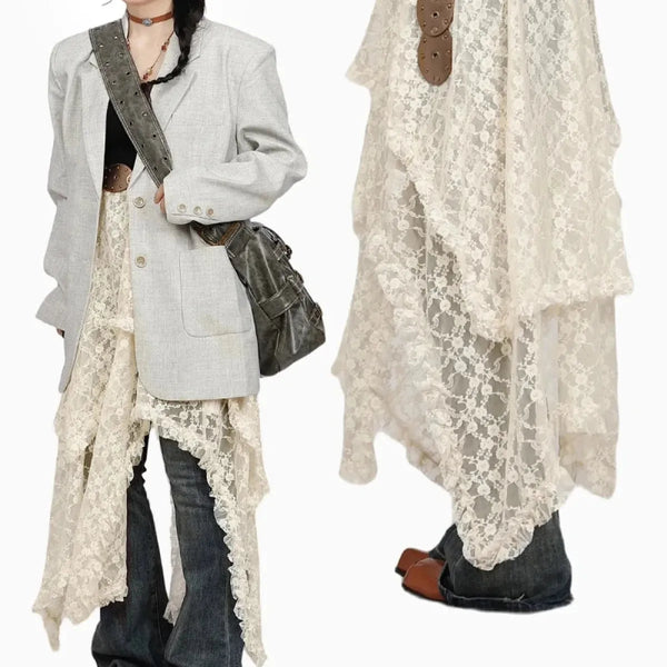 Vintage Lace Irregular Long Skirt - Bottoms - Skirts - 1