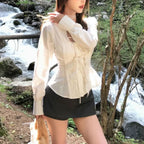 Vintage Lace Up Ruffle Blouse - Women’s Clothing & Accessories - Shirts & Blouses - 2
