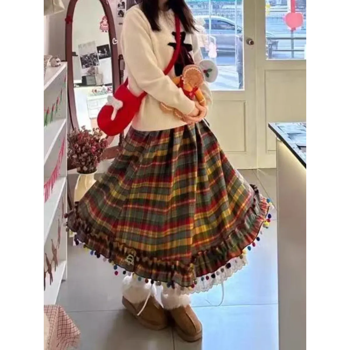 Plaid A-Line Skirt – Vintage Mori Girl Lace Trim Midi - Bottoms - Skirts - 1