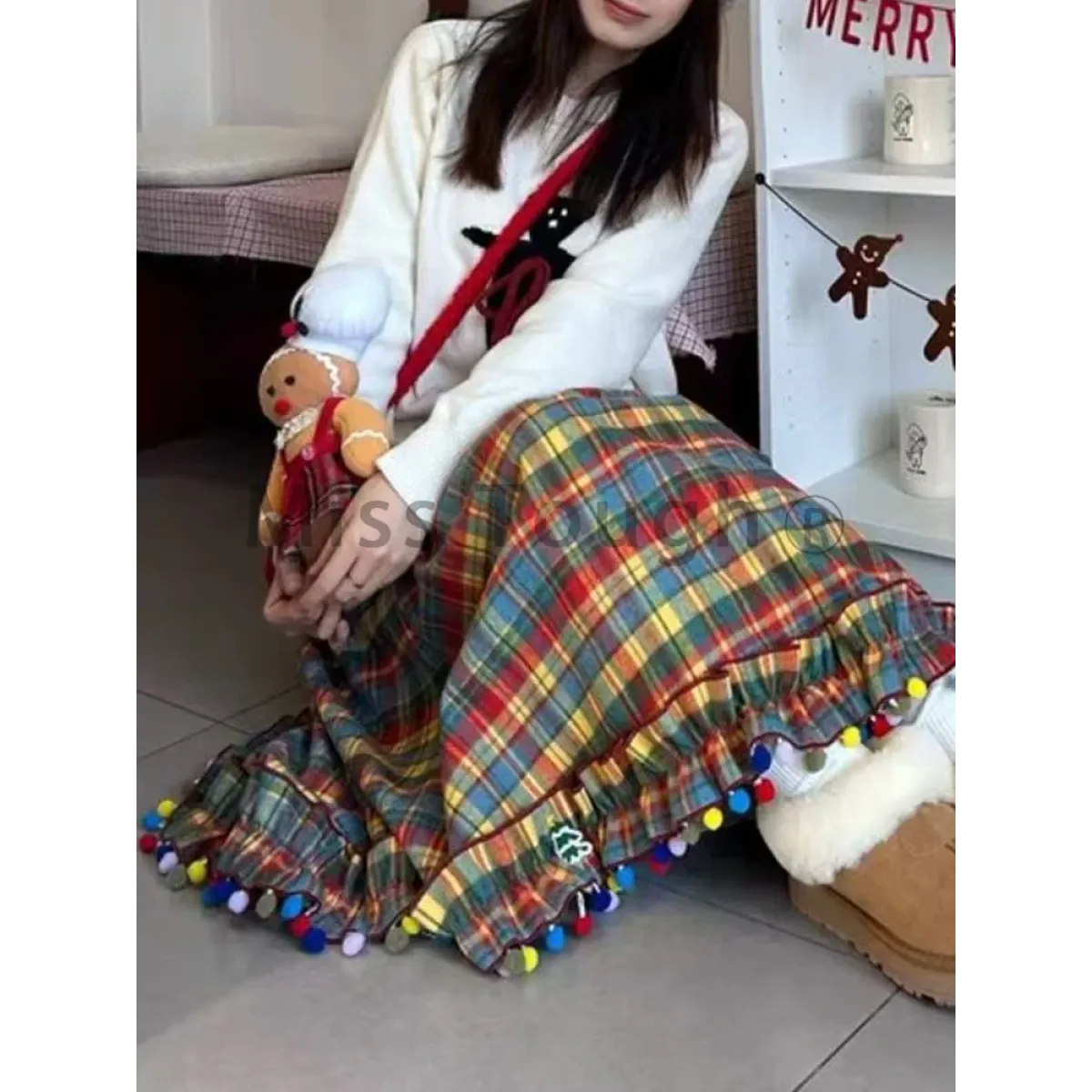 Plaid A-Line Skirt – Vintage Mori Girl Lace Trim Midi - Bottoms - Skirts - 2