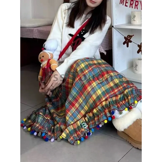 Plaid A-Line Skirt – Vintage Mori Girl Lace Trim Midi - Bottoms - Skirts - 2