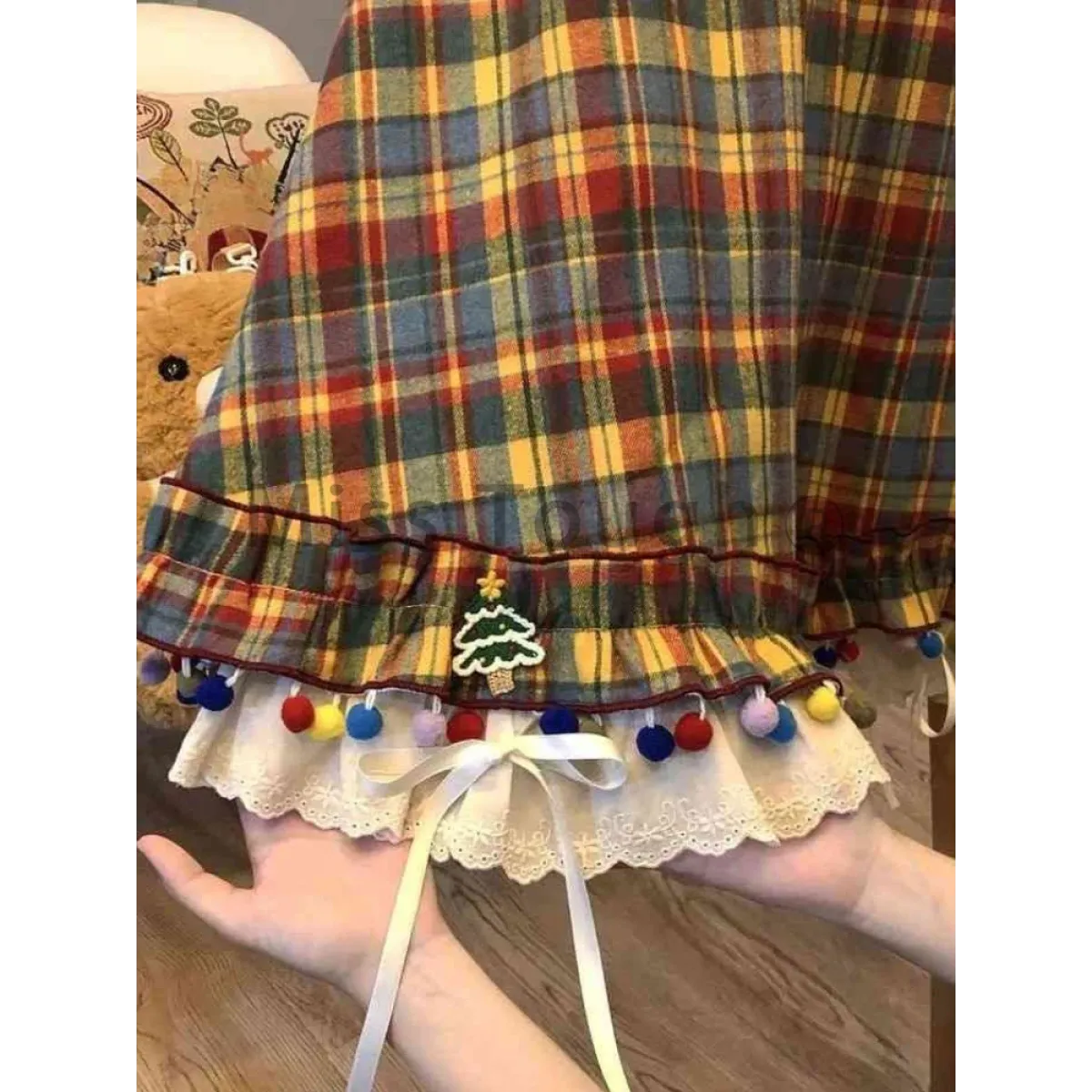 Plaid A-Line Skirt – Vintage Mori Girl Lace Trim Midi - Bottoms - Skirts - 4