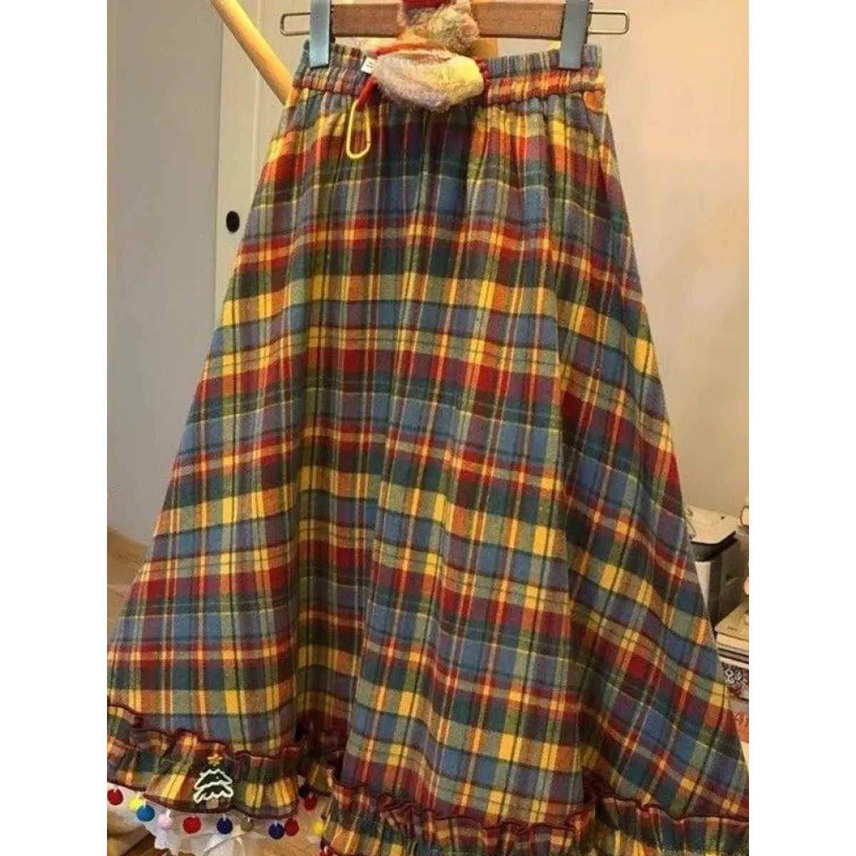 Plaid A-Line Skirt – Vintage Mori Girl Lace Trim Midi - Bottoms - Skirts - 5