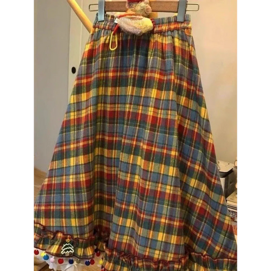 Plaid A-Line Skirt – Vintage Mori Girl Lace Trim Midi - Bottoms - Skirts - 5