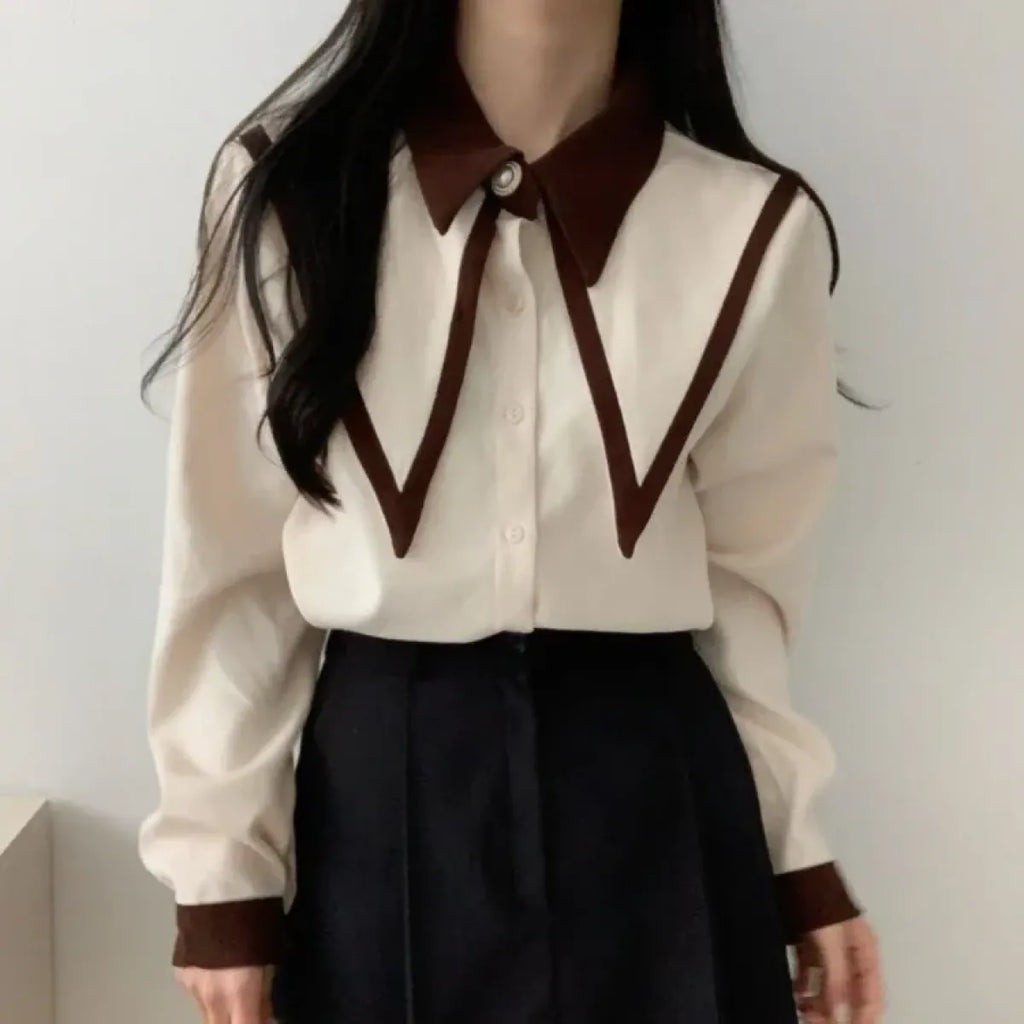 Vintage Peaked Collar Blouse – Elegant Puff Sleeve Button-Up Shirt - T-Shirts - Long - V-neck - Shirt - 3