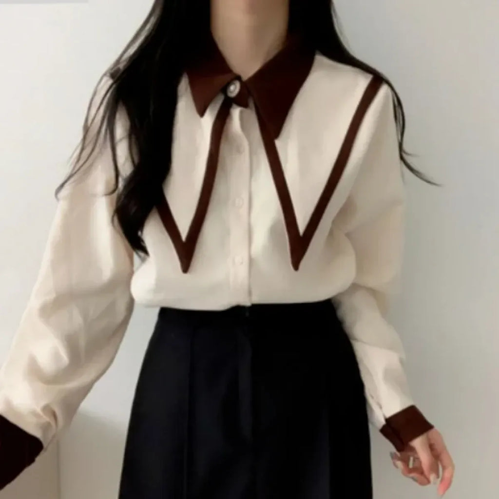 Vintage Peaked Collar Blouse – Elegant Puff Sleeve Button-Up Shirt - T-Shirts - Long - V-neck - Shirt - 5