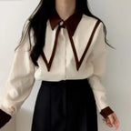 Vintage Peaked Collar Blouse – Elegant Puff Sleeve Button-Up Shirt - T-Shirts - Long - V-neck - Shirt - 5