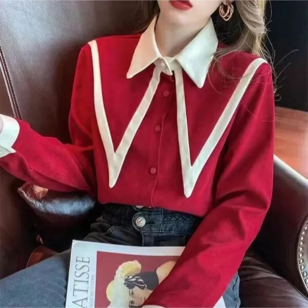 Vintage Peaked Collar Blouse – Elegant Puff Sleeve Button-Up Shirt - T-Shirts - Long - V-neck - Shirt - 4