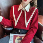 Vintage Peaked Collar Blouse – Elegant Puff Sleeve Button-Up Shirt - T-Shirts - Long - V-neck - Shirt - 4