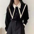Vintage Peaked Collar Blouse – Elegant Puff Sleeve Button-Up Shirt - T-Shirts - Long - V-neck - Shirt - 1