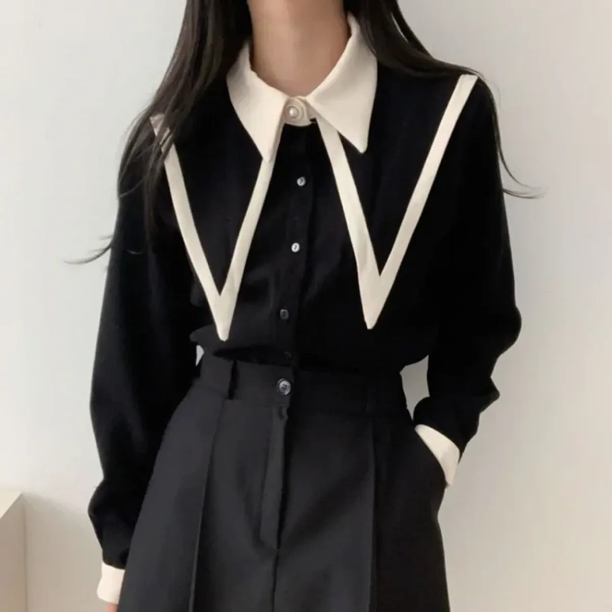 Vintage Peaked Collar Blouse – Elegant Puff Sleeve Button-Up Shirt - T-Shirts - Long - V-neck - Shirt - 1