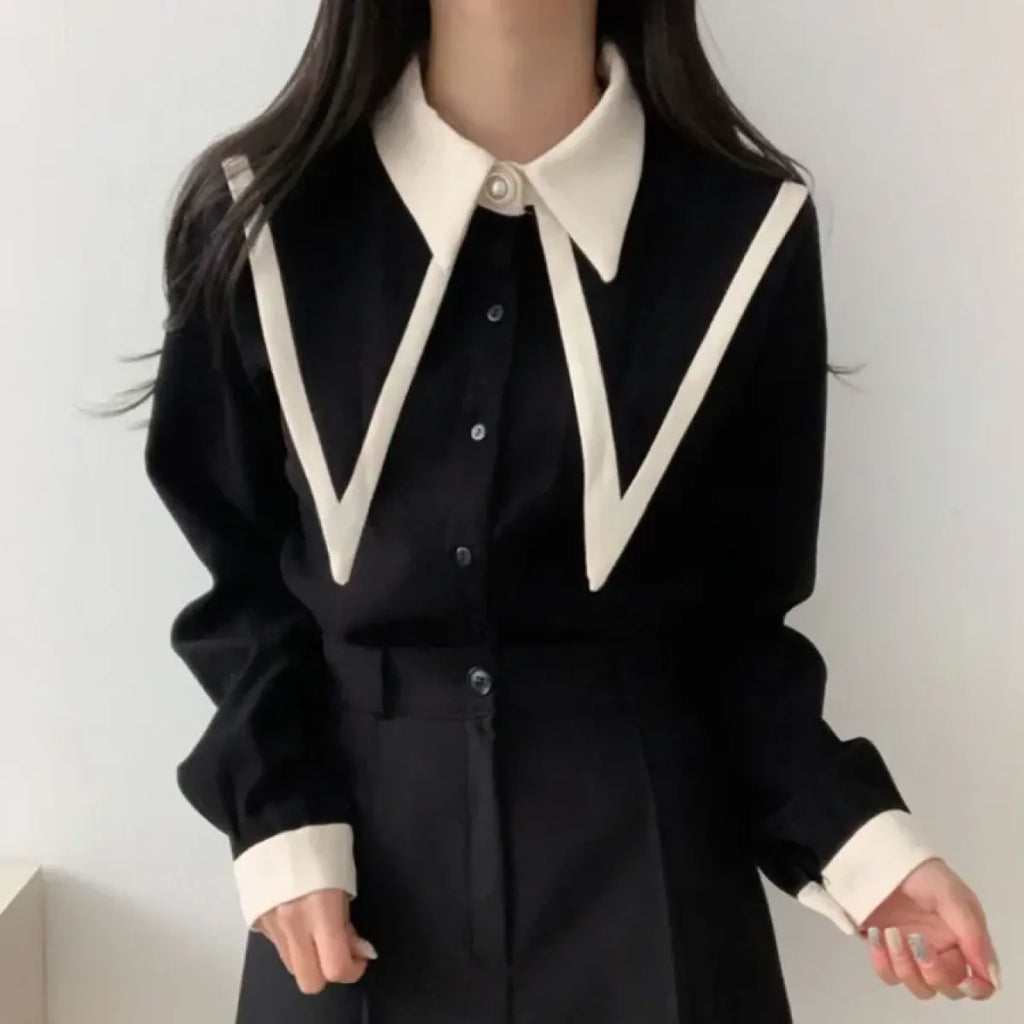 Vintage Peaked Collar Blouse – Elegant Puff Sleeve Button-Up Shirt - T-Shirts - Long - V-neck - Shirt - 2
