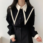 Vintage Peaked Collar Blouse – Elegant Puff Sleeve Button-Up Shirt - T-Shirts - Long - V-neck - Shirt - 2