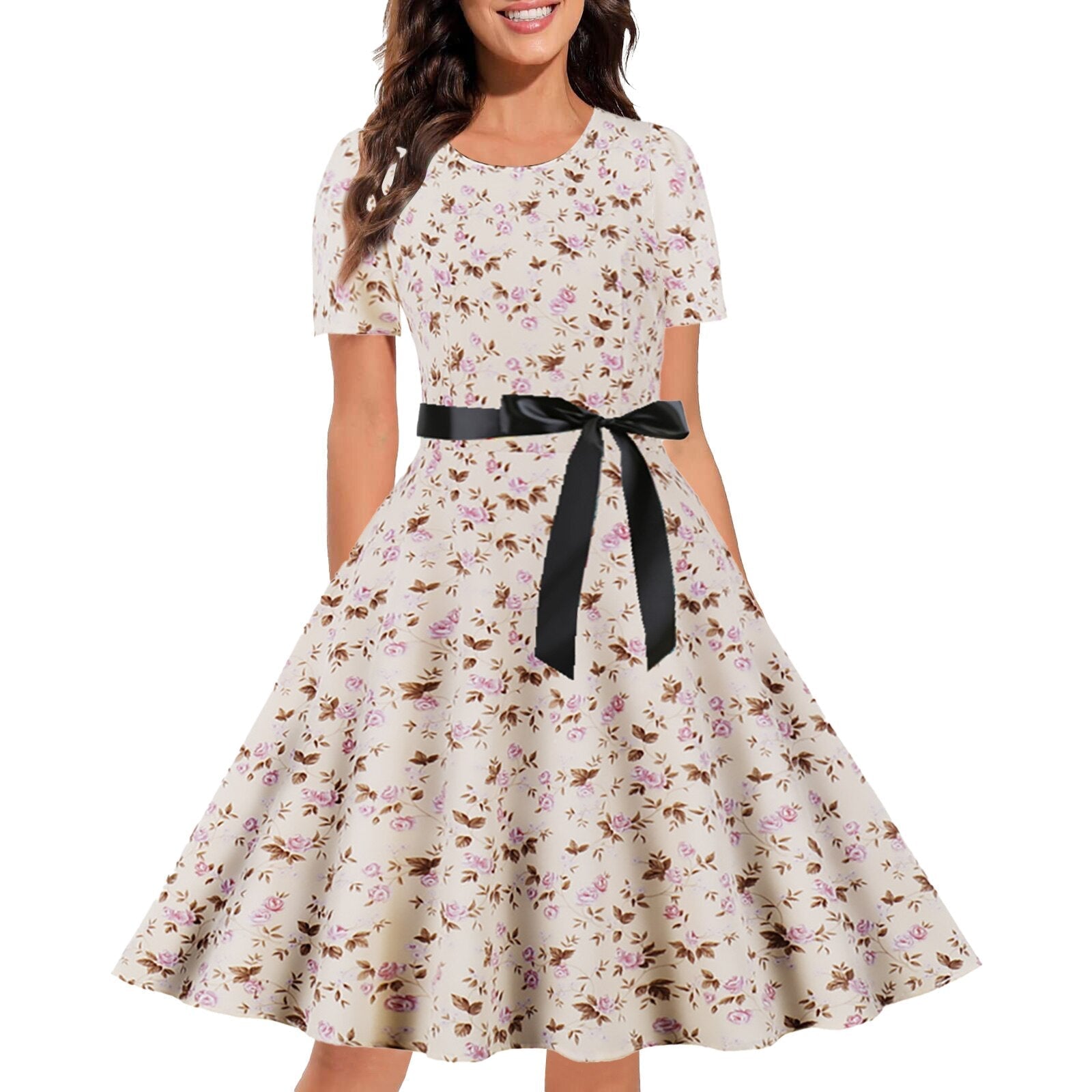 Retro Chic Vintage Print Dress - Flaxen / M - All Dresses - Dresses - 20 - 2024