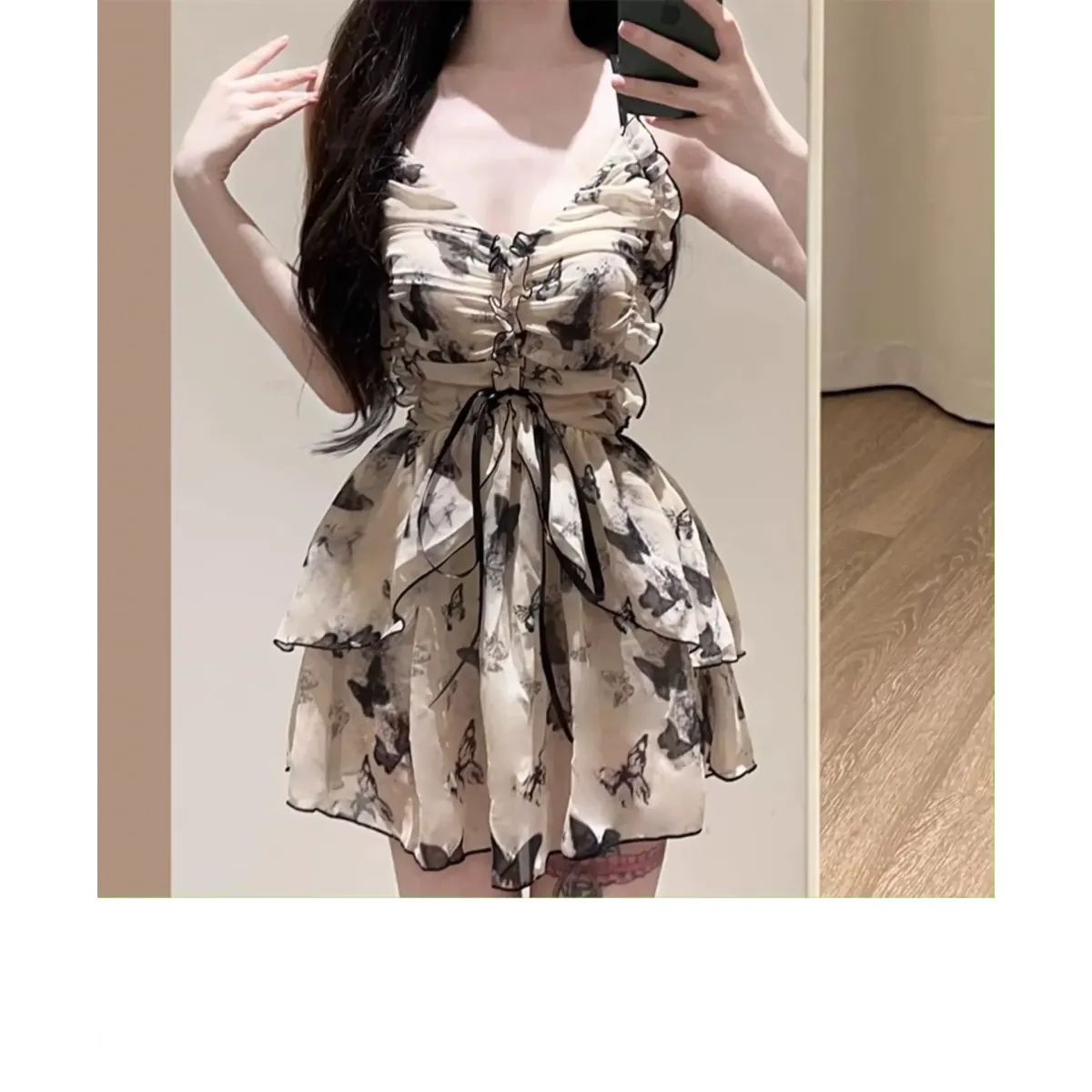 Butterfly Print One Piece Swimsuit – Vintage Ruffle Mini Dress Style - All Dresses - Sleeveless - Swimwear - 3