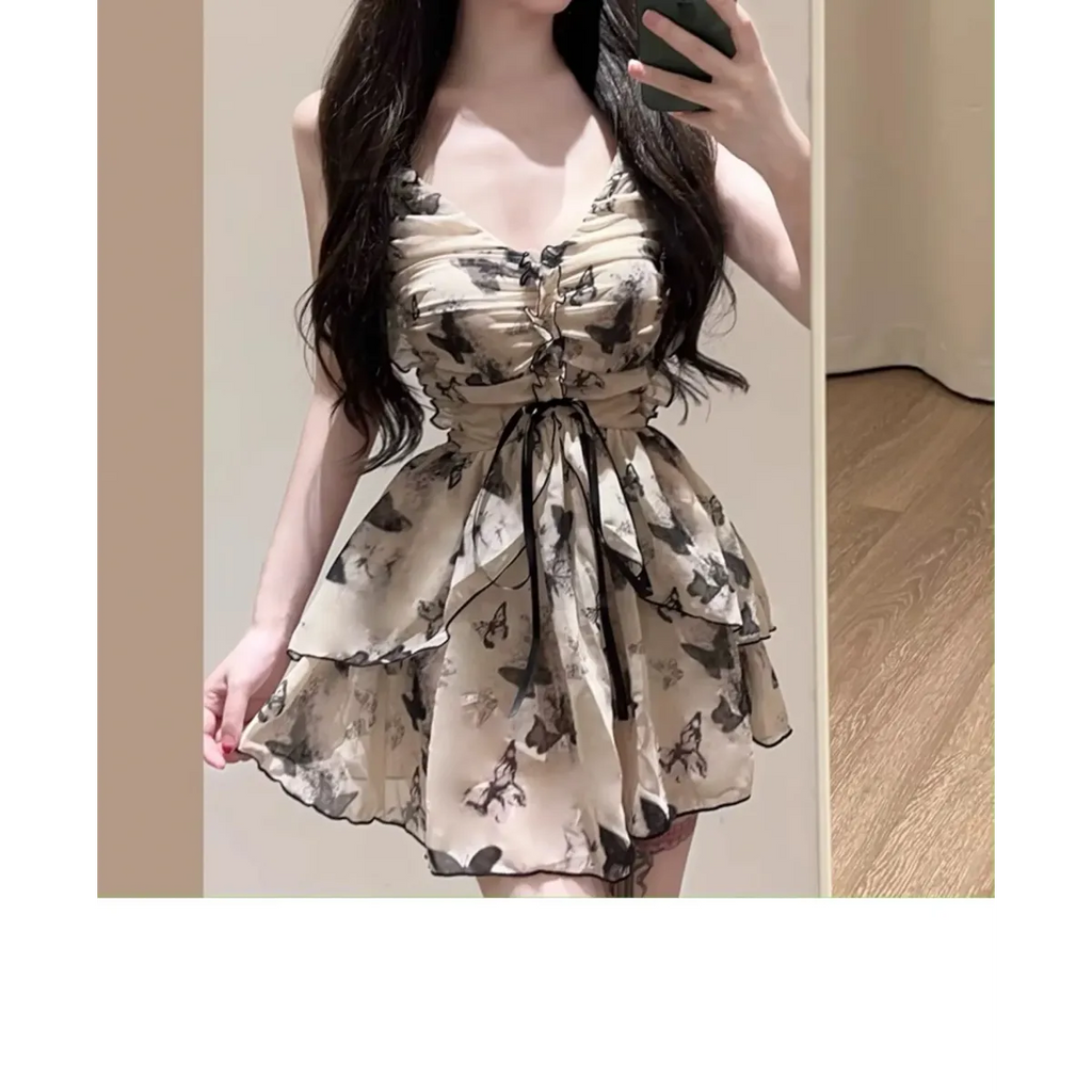 Butterfly Print One Piece Swimsuit – Vintage Ruffle Mini Dress Style - All Dresses - Sleeveless - Swimwear - 1