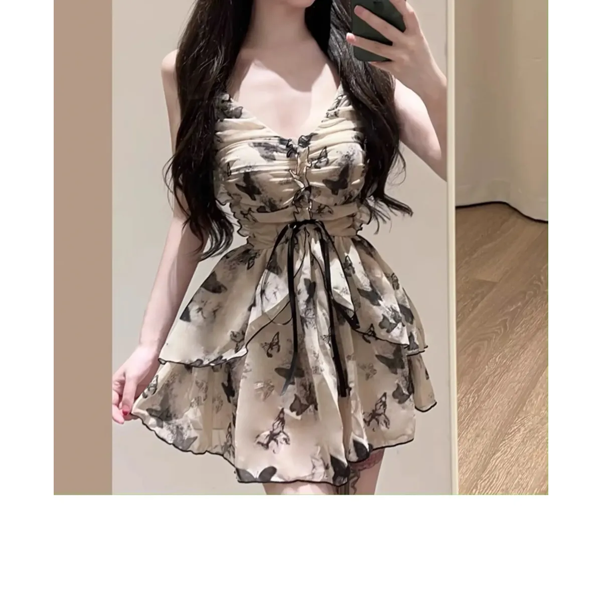 Butterfly Print One Piece Swimsuit – Vintage Ruffle Mini Dress Style - All Dresses - Sleeveless - Swimwear - 1