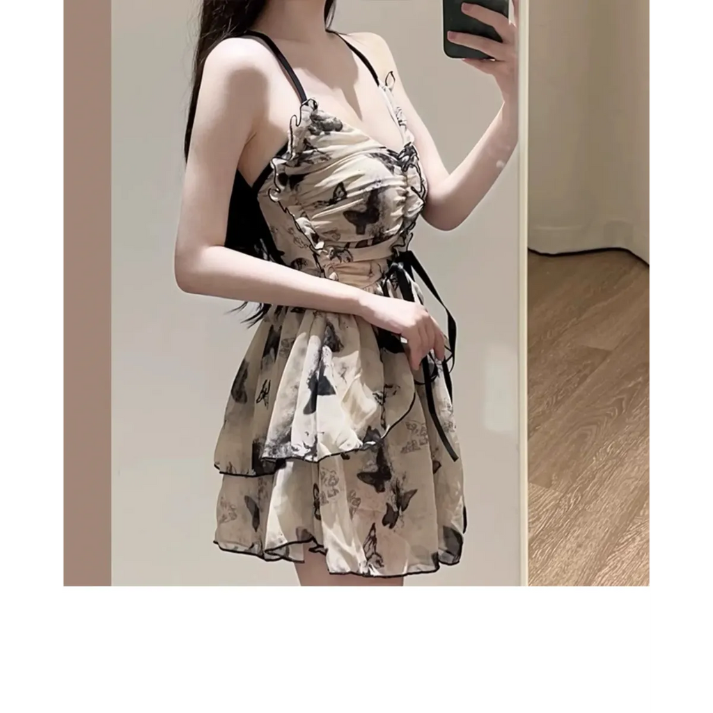 Butterfly Print One Piece Swimsuit – Vintage Ruffle Mini Dress Style - All Dresses - Sleeveless - Swimwear - 5