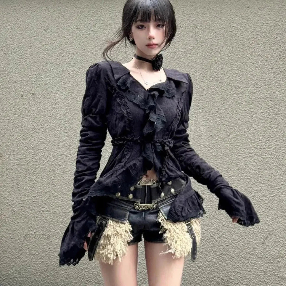 Vintage Ruffle Slim Fit V-Neck Blouse - Women’s Clothing & Accessories - Blouse - 1