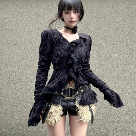 Vintage Ruffle Slim Fit V-Neck Blouse - Women’s Clothing & Accessories - Blouse - 1