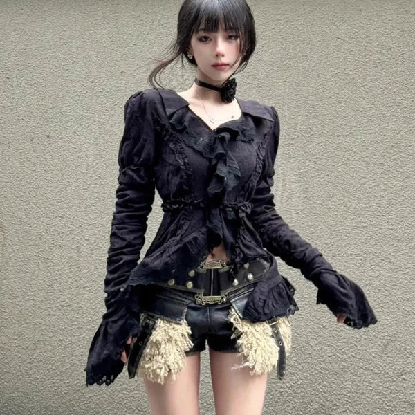 Vintage Ruffle Slim Fit V-Neck Blouse - Women’s Clothing & Accessories - Blouse - 1