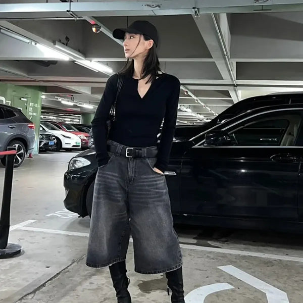 Vintage Washed Black Wide-Leg Denim Culottes - Best Sellers - Pants - 1
