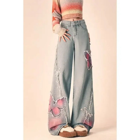 Butterfly Print Wide-Leg Jeans – Vintage Y2K Aesthetic - Bottoms - Women’s Jeans - 1