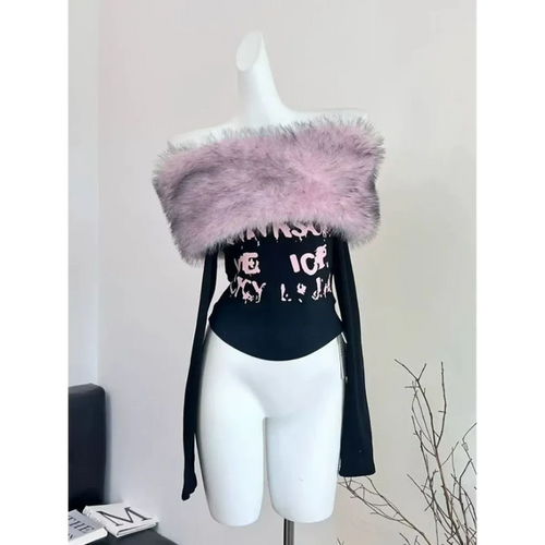 Off-Shoulder Fur Trim Top – Vintage Y2K Aesthetic - T-Shirts - Long - Round - T-Shirts - 2