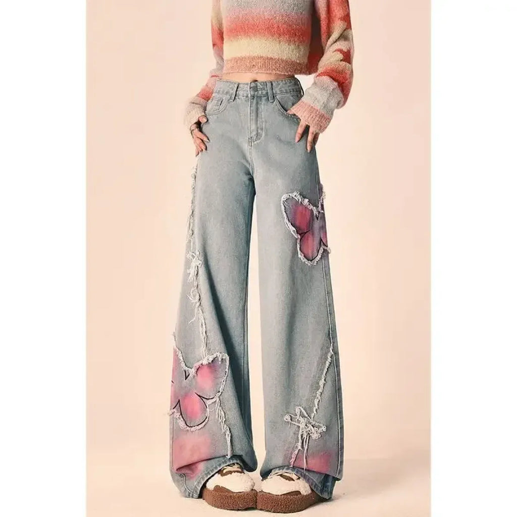 Butterfly Print Wide-Leg Jeans – Vintage Y2K Aesthetic - Bottoms - Women’s Jeans - 6