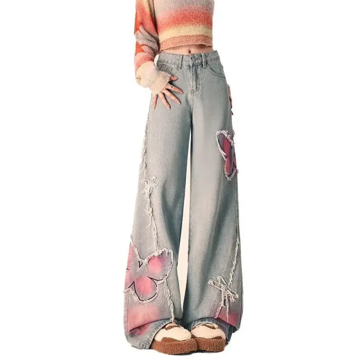 Butterfly Print Wide-Leg Jeans – Vintage Y2K Aesthetic - Bottoms - Women’s Jeans - 4