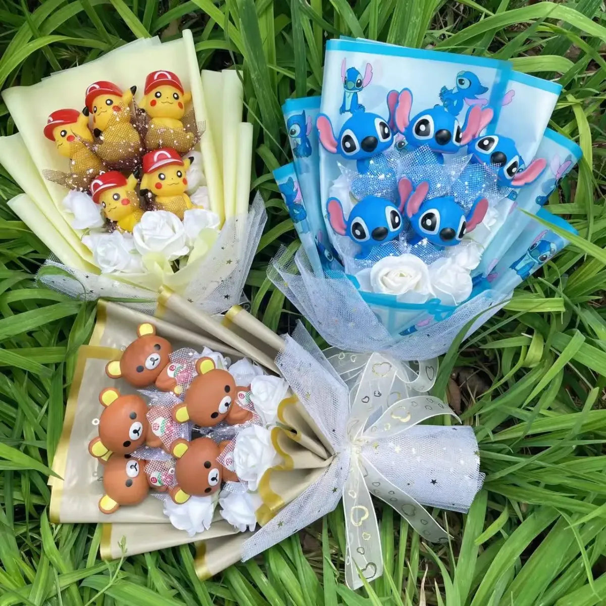 Kawaii Cartoon Vinyl Doll Bouquet – Stitch Pikachu Rilakkuma Gift Set - Harajuku Style - Plushie - 1