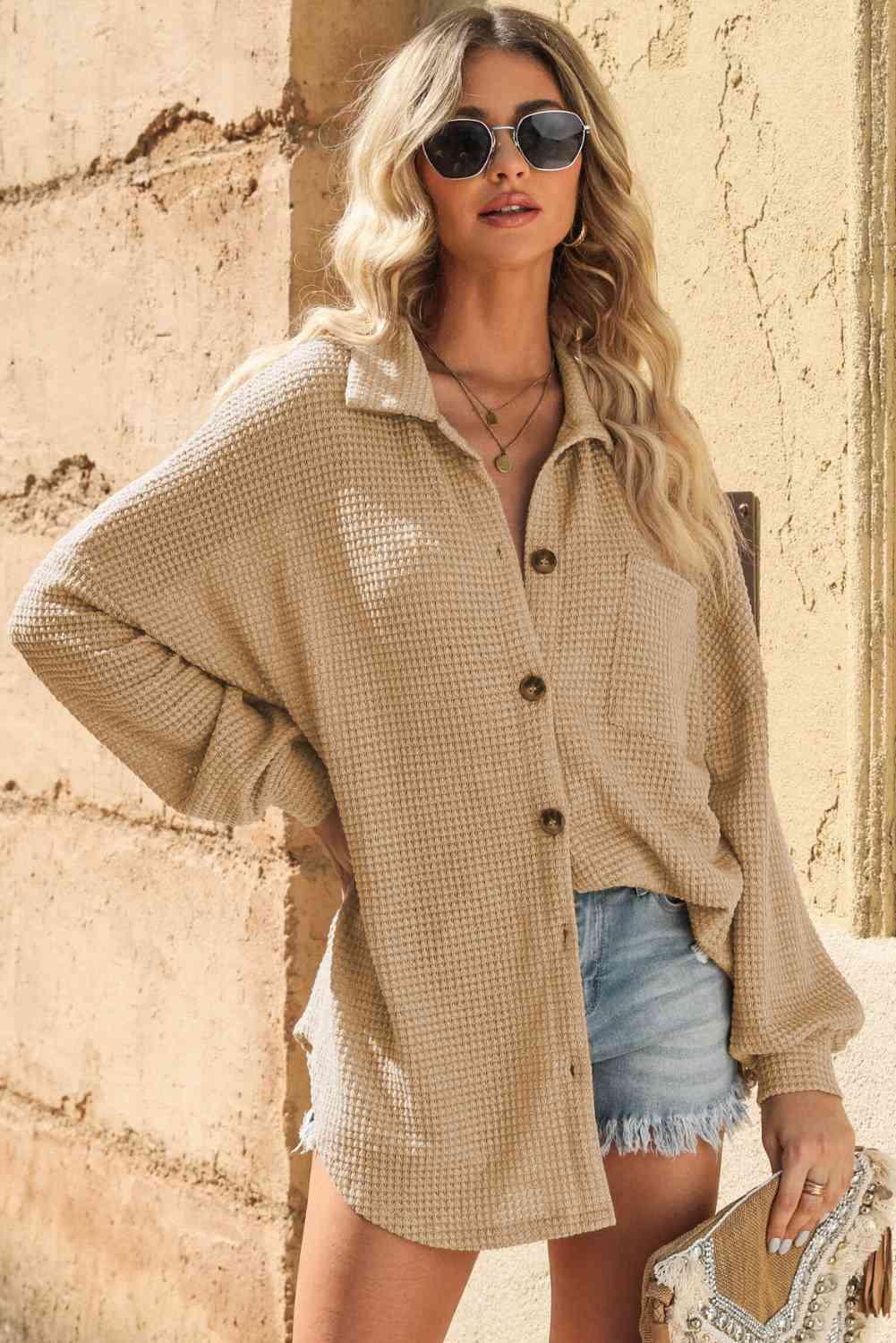 Waffle-Knit Collared Neck Dropped Shoulder Shirt - Sand / S - T-Shirts - Shirts & Tops - 10 - 2024