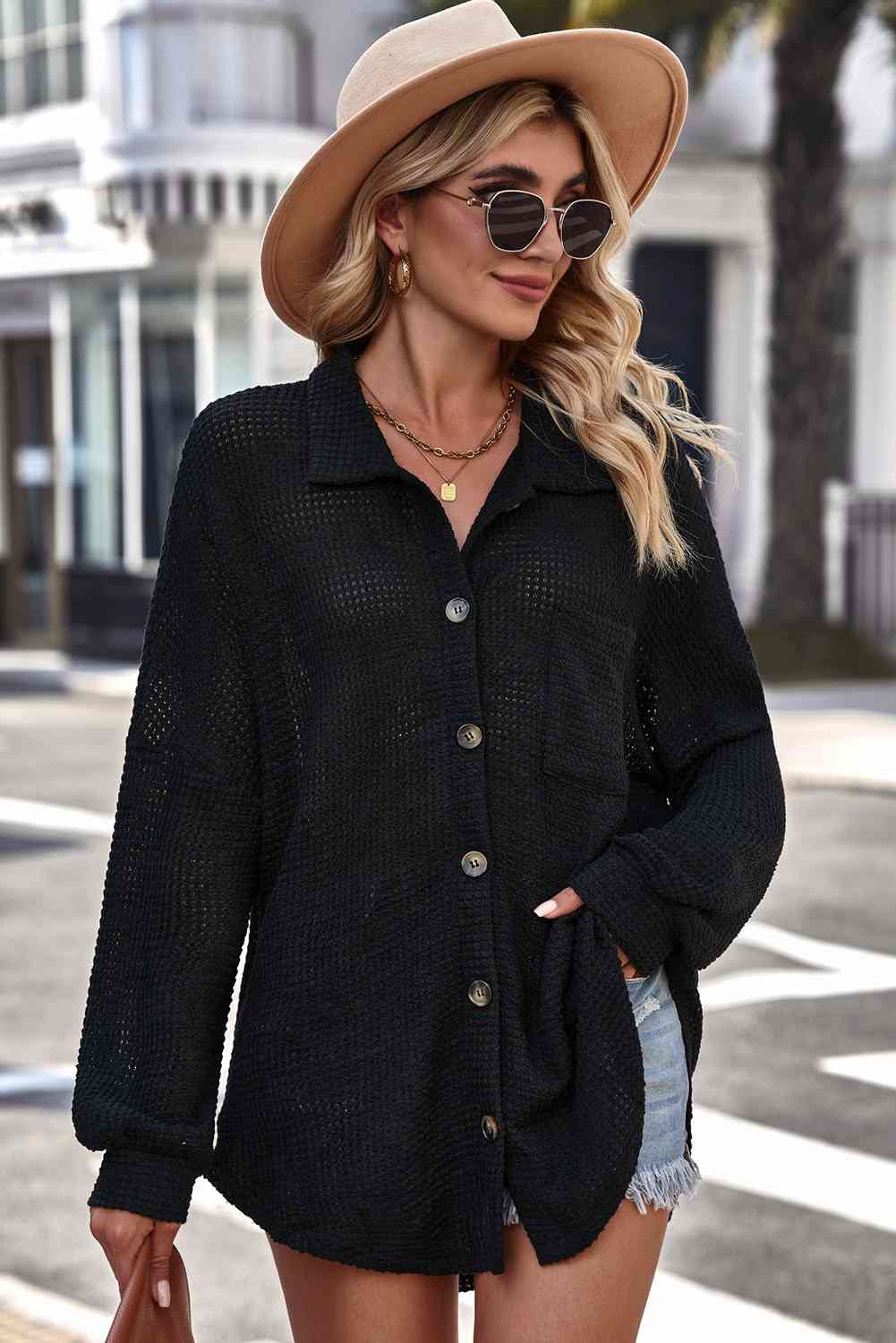 Waffle-Knit Collared Neck Dropped Shoulder Shirt - Black / S - T-Shirts - Shirts & Tops - 5 - 2024