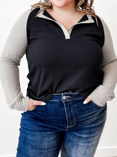 Plus Size Waffle-Knit Half Snap Long Sleeve Shirt - Black / 1X - T-Shirts - Shirts & Tops - 1 - 2024