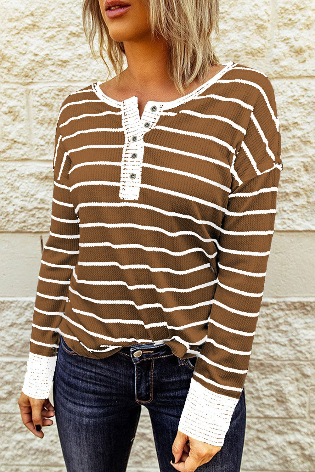 Striped Waffle Knit Henley Long Sleeve Top - T-Shirts - Shirts & Tops - 16 - 2024