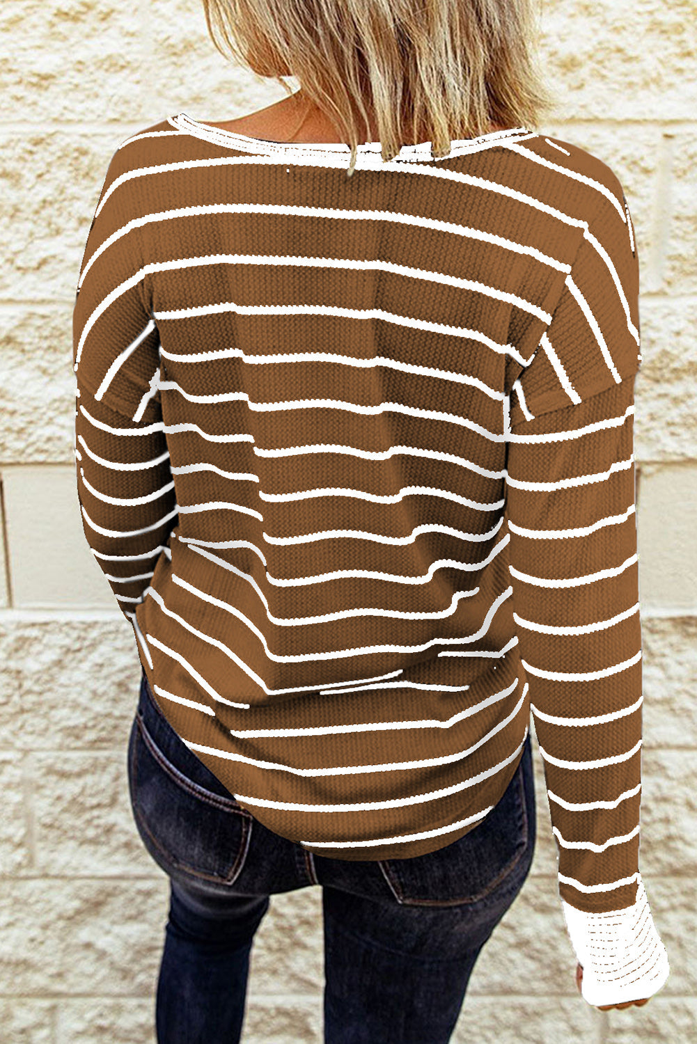 Striped Waffle Knit Henley Long Sleeve Top - T-Shirts - Shirts & Tops - 17 - 2024