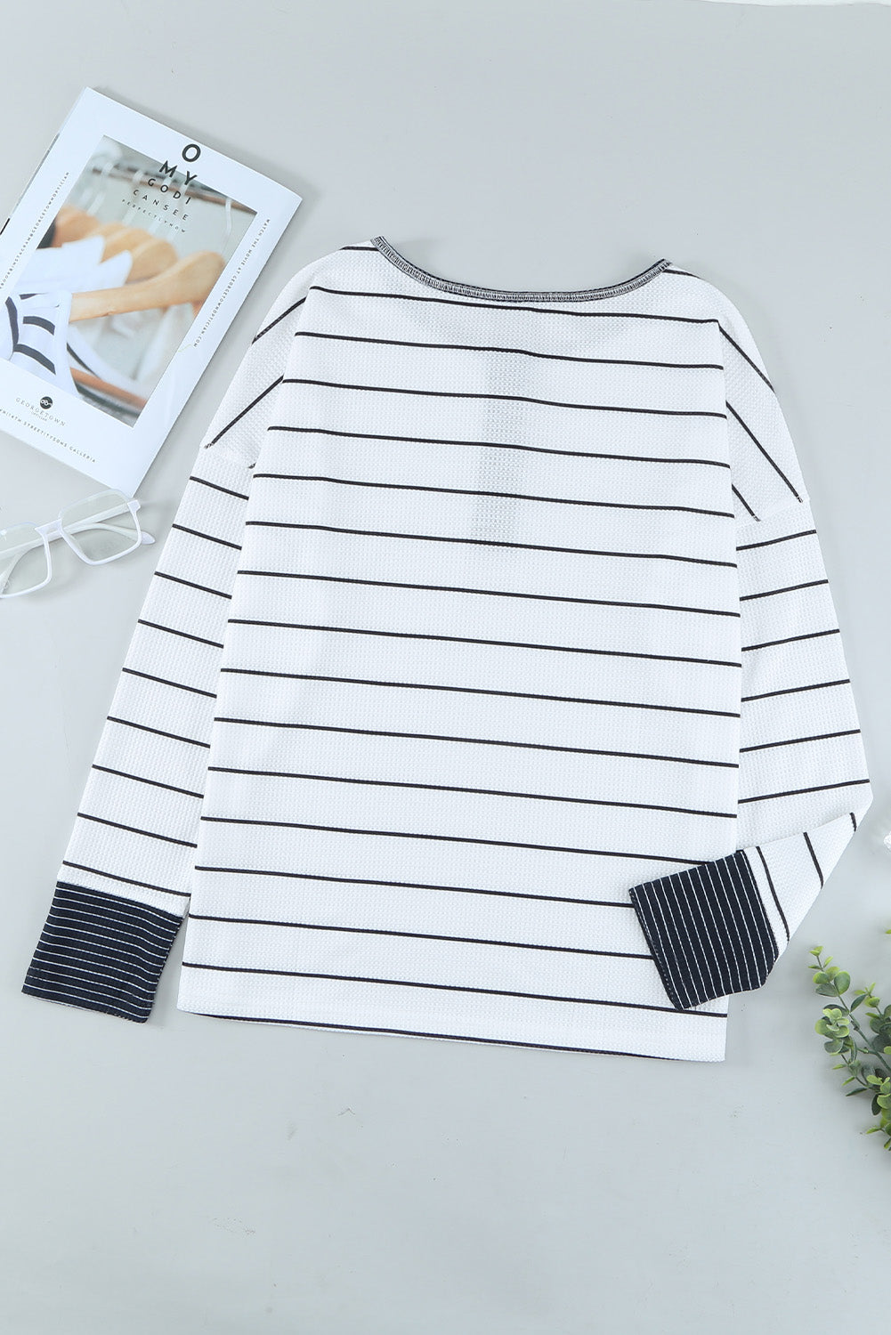 Striped Waffle Knit Henley Long Sleeve Top - T-Shirts - Shirts & Tops - 5 - 2024