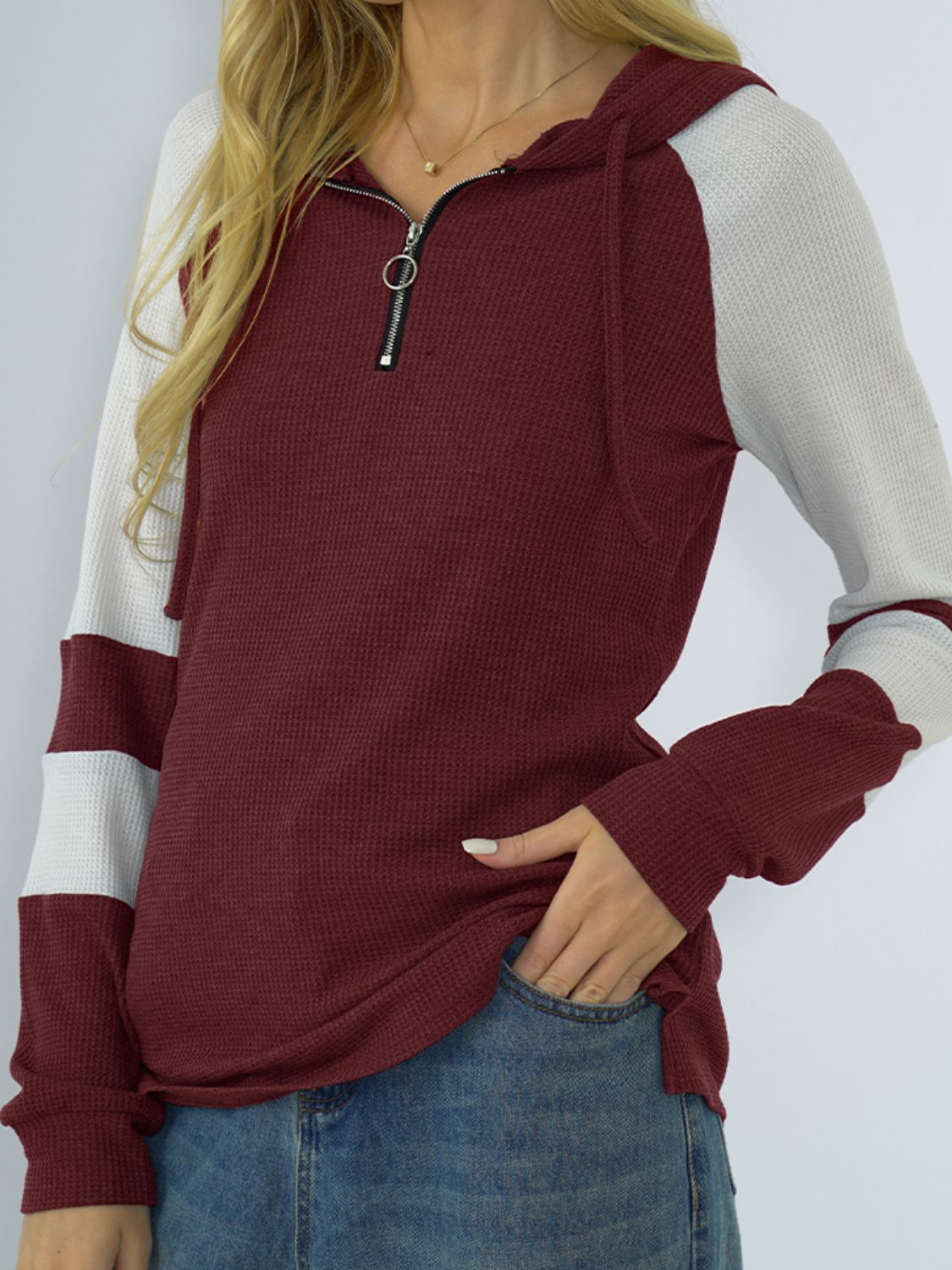 Waffle-Knit Raglan Sleeve Zipper Front Hoody - Women’s Clothing & Accessories - Shirts & Tops - 15 - 2024